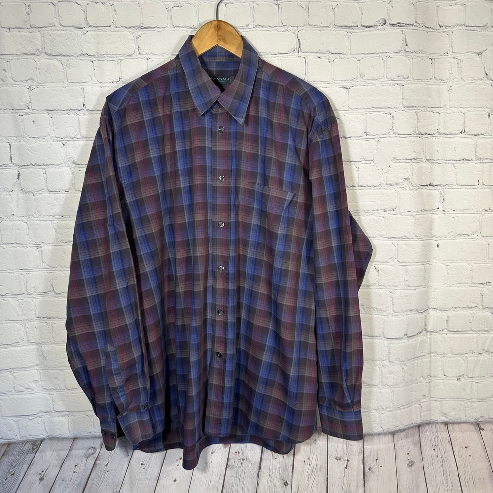 Canali Sportswear Mens XL Blue Purple Plaid Button Down Shirt Long Sleeve Italy